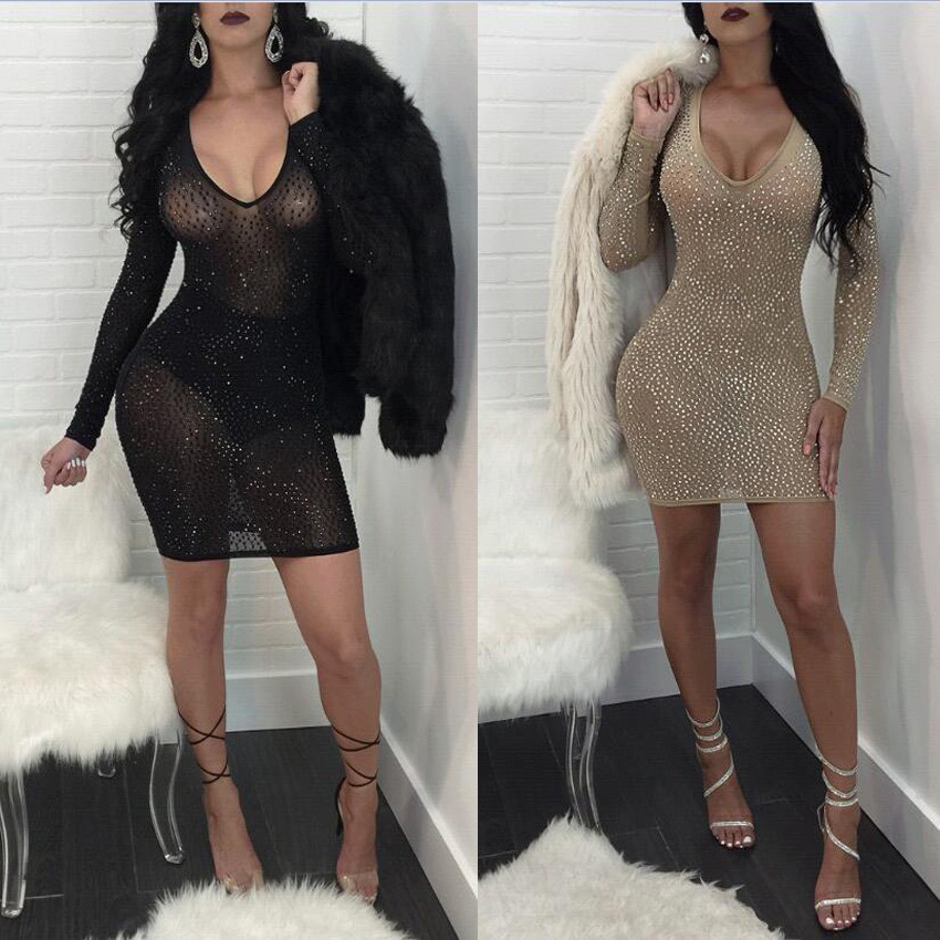 Elegant Women Long Sleeve Bodycon Dress Black Dress Clubwear
