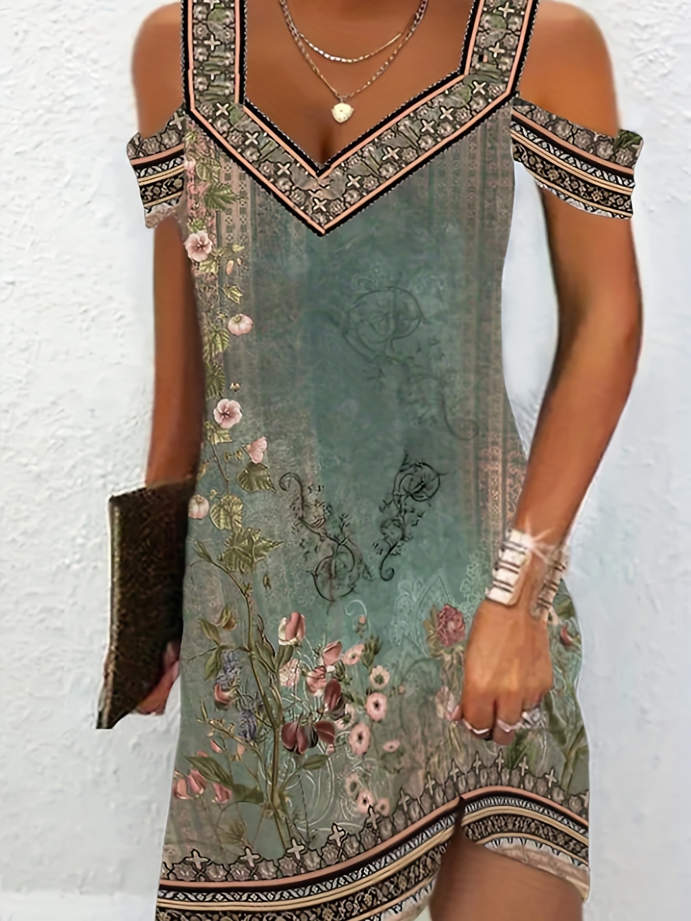 Floral Print Cold Shoulder Dress, Vintage V Neck Summer Dress, Women's Clothing