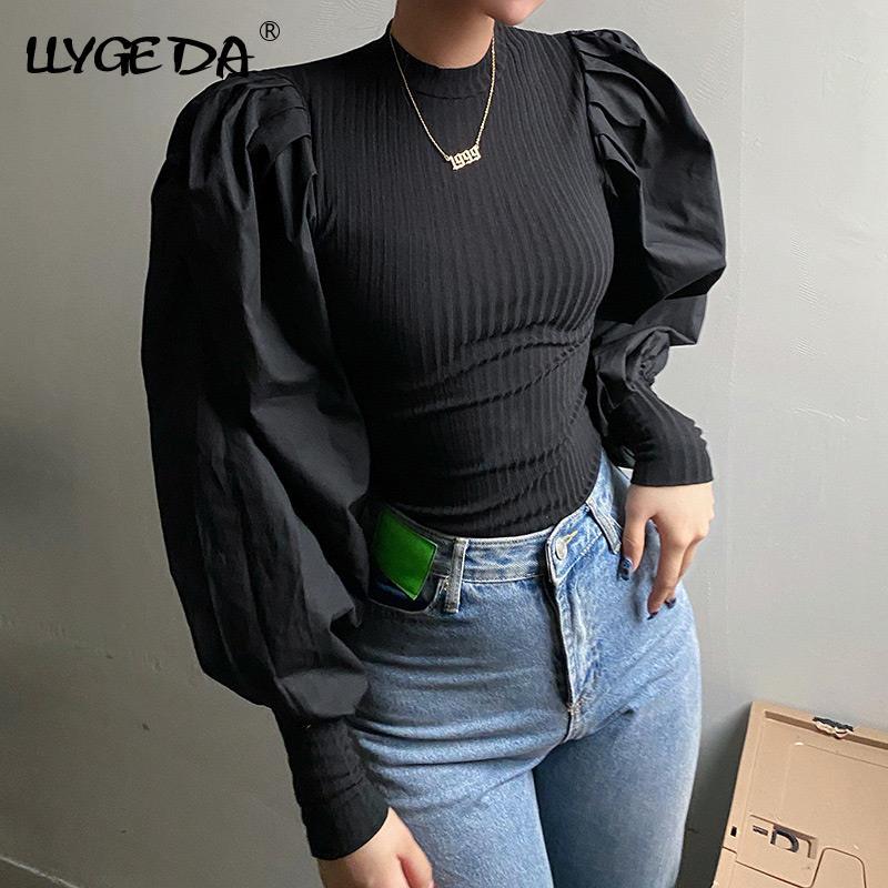 Solid Lantern Puff Sleeve Women Shirt Blouse Patchwork Slim Women's Shirts 2021 Summer Casual Fashion Black Woman Blouses Top