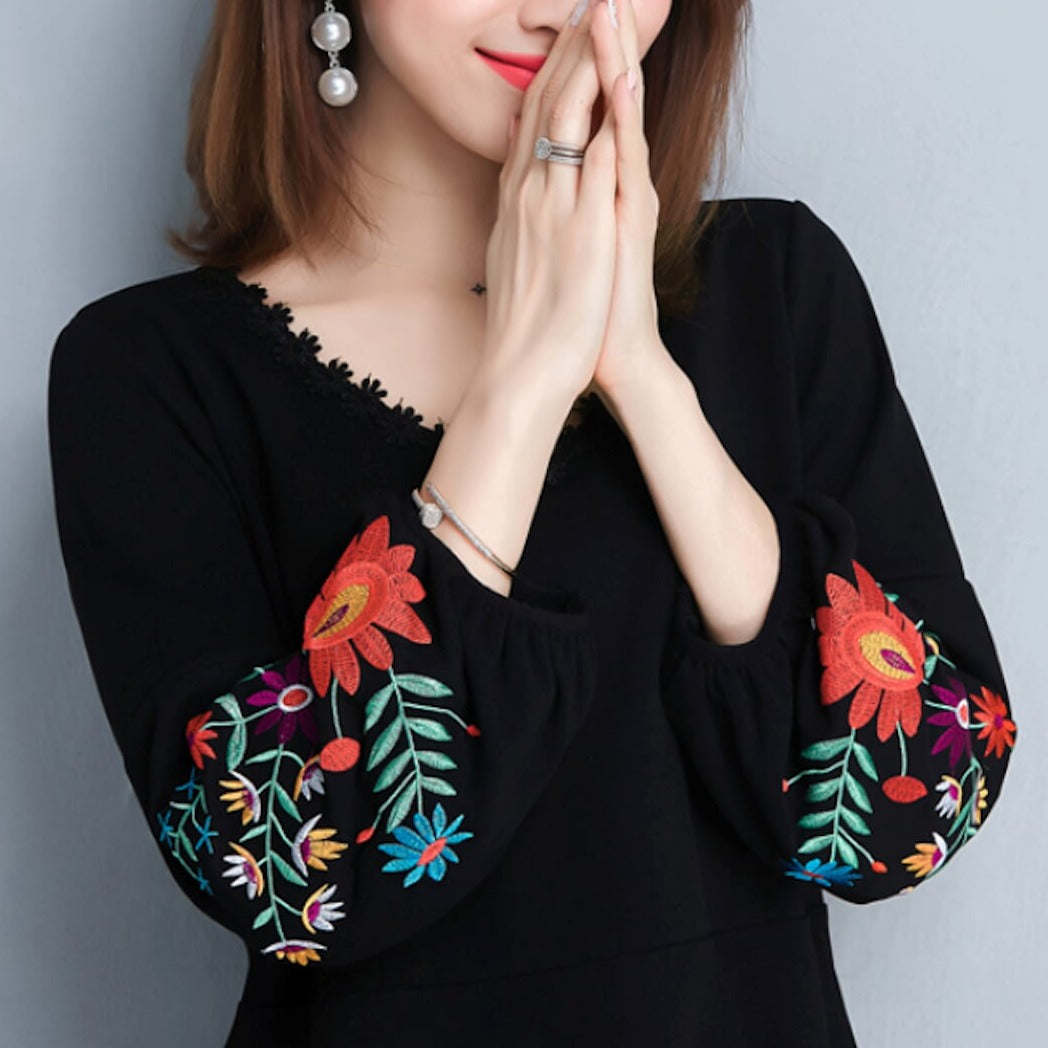 Womens V Neck Dress with Embroidered Sleeves