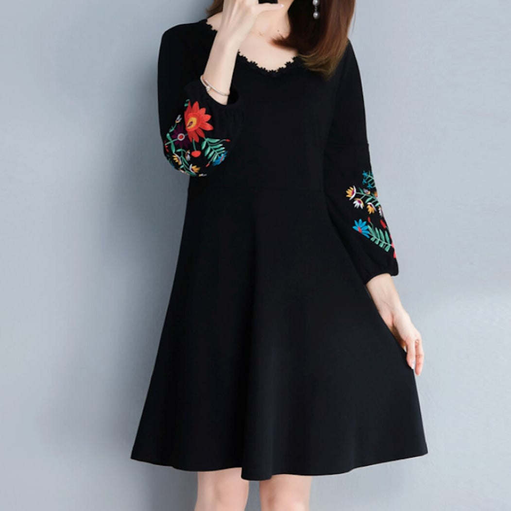 Womens V Neck Dress with Embroidered Sleeves